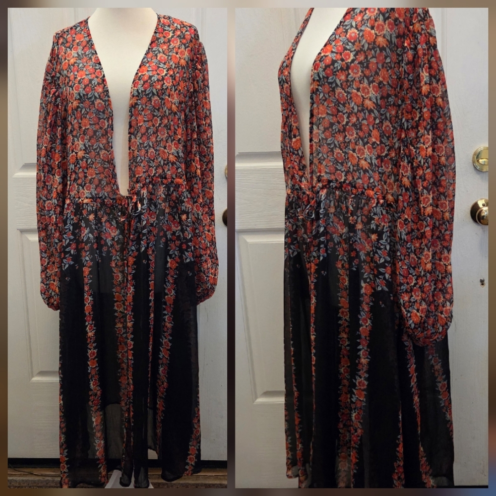 Torrid Lurex Chiffon Tie Front Maxi Floral Top Top Duster Kimono 2 2X  Festival - Picture 2 of 9